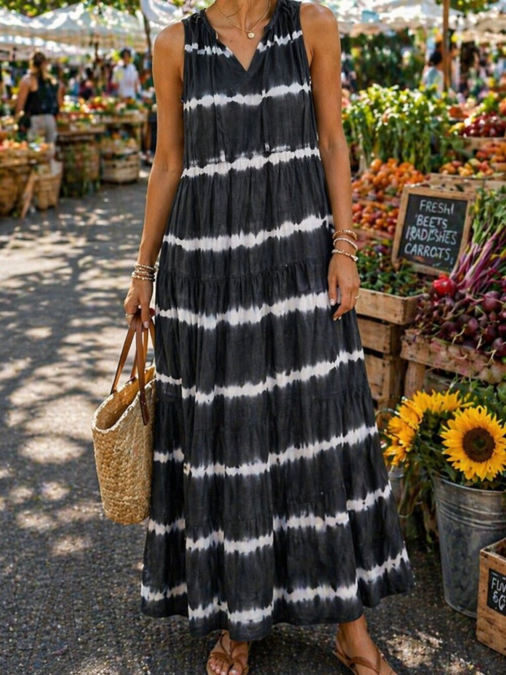 Old Navy Blue White Tie-Dye Tiered Maxi Midi Dress Sleeveless Size Small